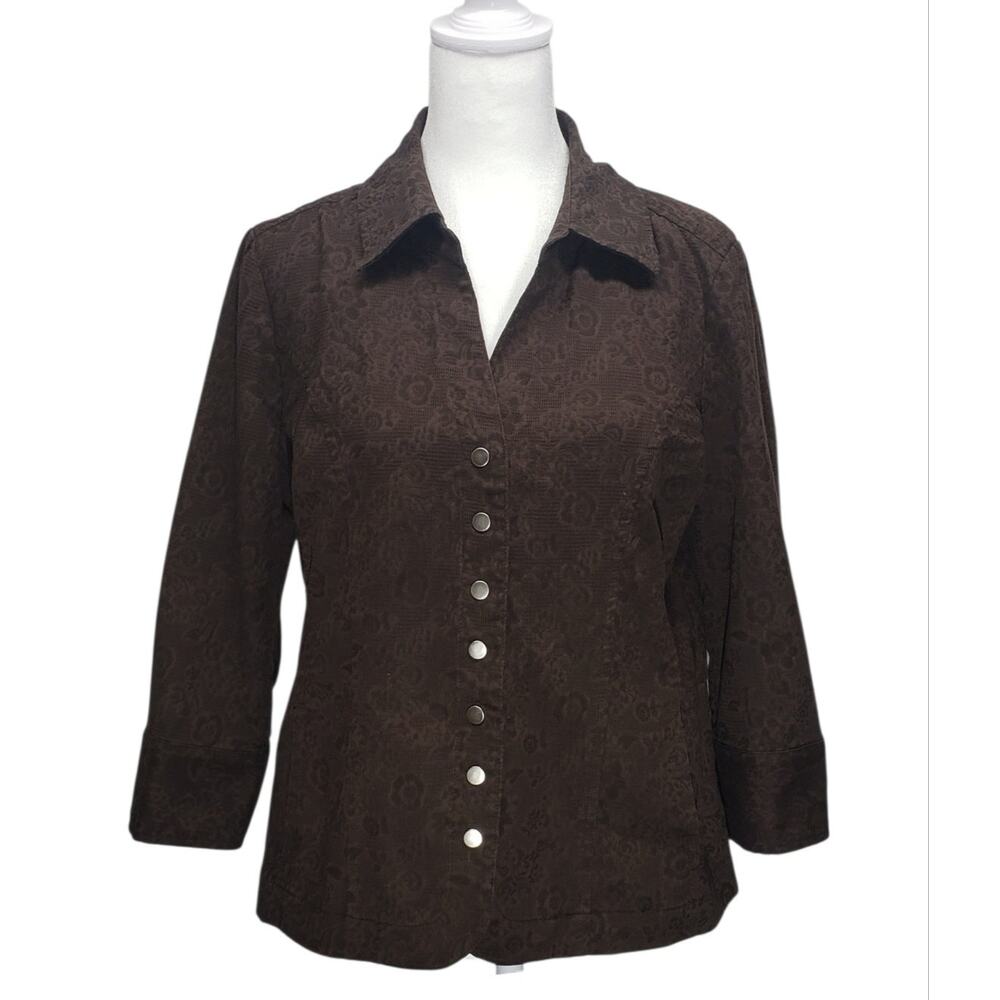 Christopher & Banks Brown Jacquard Floral Button‑Front Top M